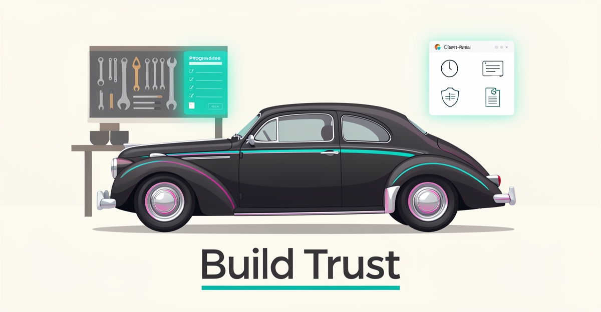 Flat illustration of a classic car in a modern workshop with digital transparency icons and the headline Build Trust.