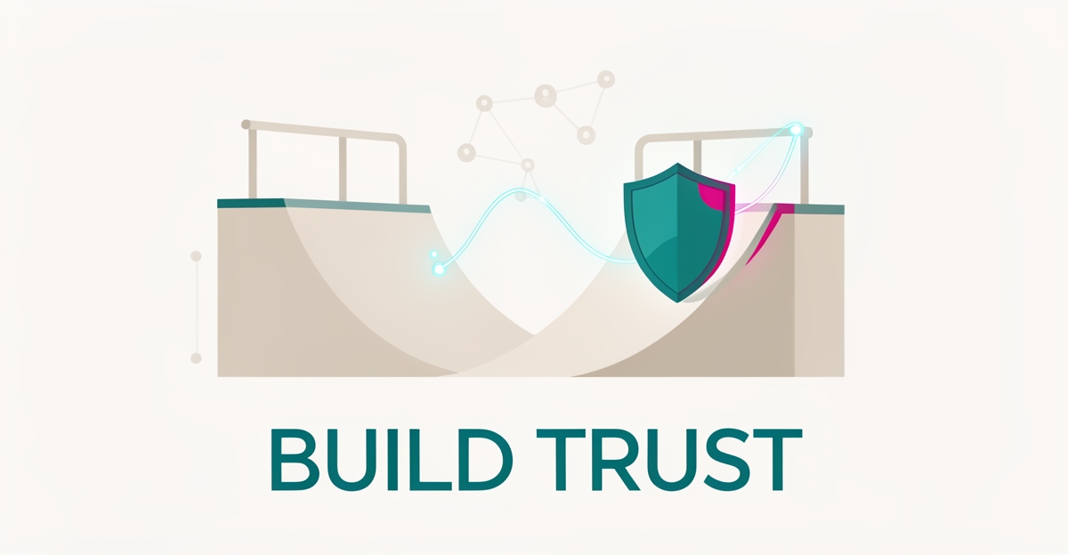 Flat illustration of a skate ramp with a glowing digital trust shield in teal and magenta, symbolizing online trust building.
