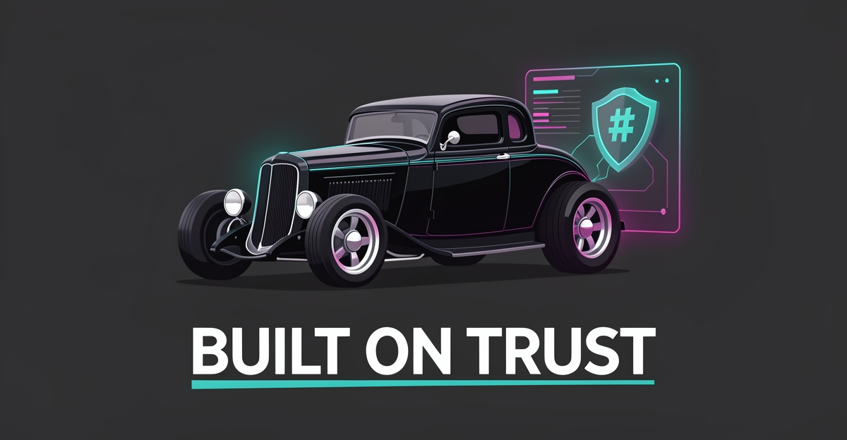 Flat illustration of a classic hot rod beside a glowing digital trust shield, symbolizing how hot rod shops build credibility online.