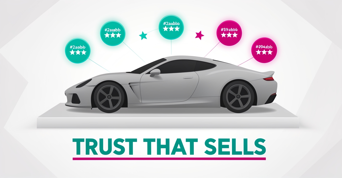 Flat illustration of a luxury wrapped car surrounded by five-star review icons in teal and magenta, symbolizing trust that sells high-end wraps.