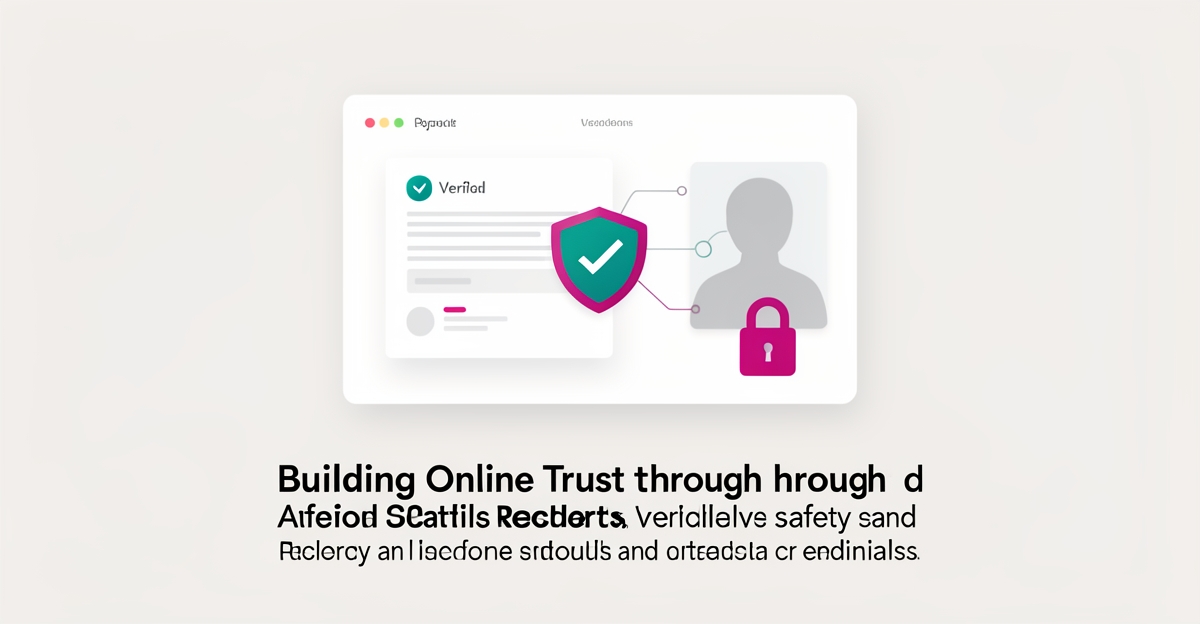 Flat illustration of a verified credential shield, abstract instructor profile card, and padlock connected on a clean interface, symbolizing online trust.