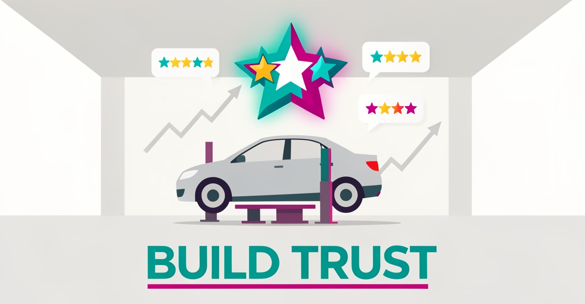 Flat illustration of a muffler shop garage with a glowing five-star review badge above a car on a lift, symbolizing online trust.