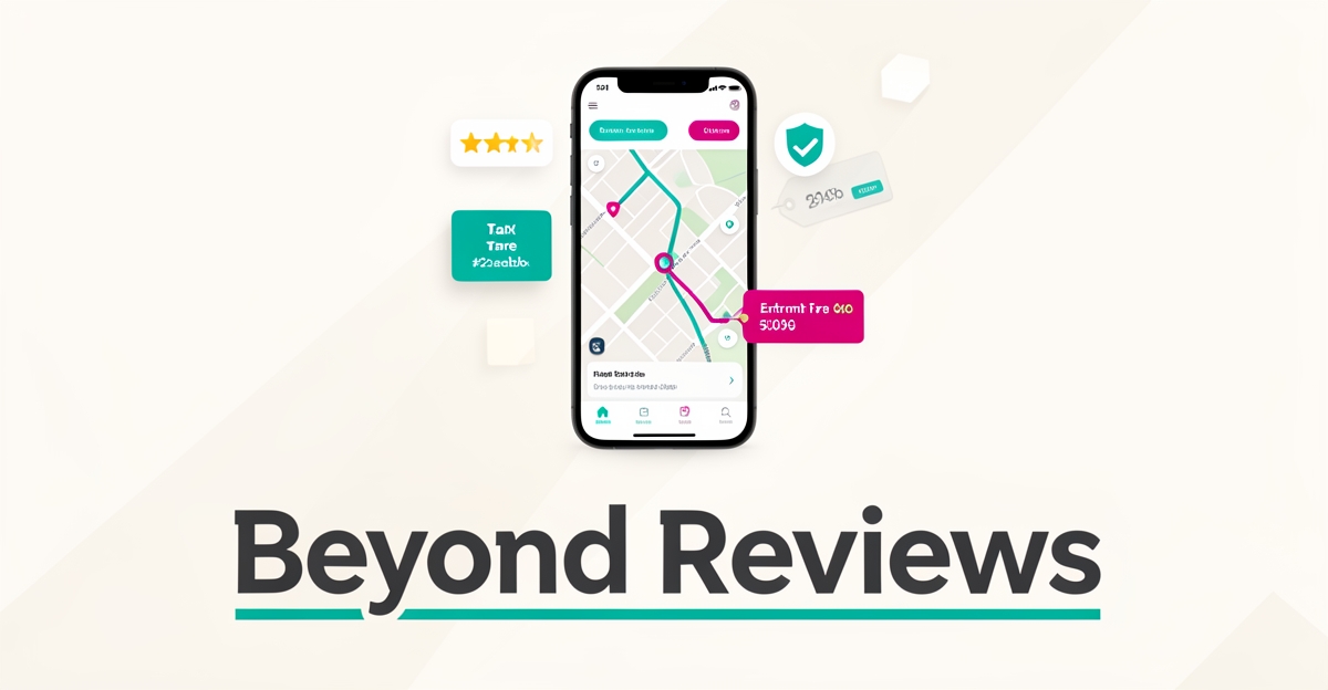 Flat illustration of a taxi booking app on a smartphone showing live tracking and upfront pricing, surrounded by trust icons, with the headline Beyond Reviews.