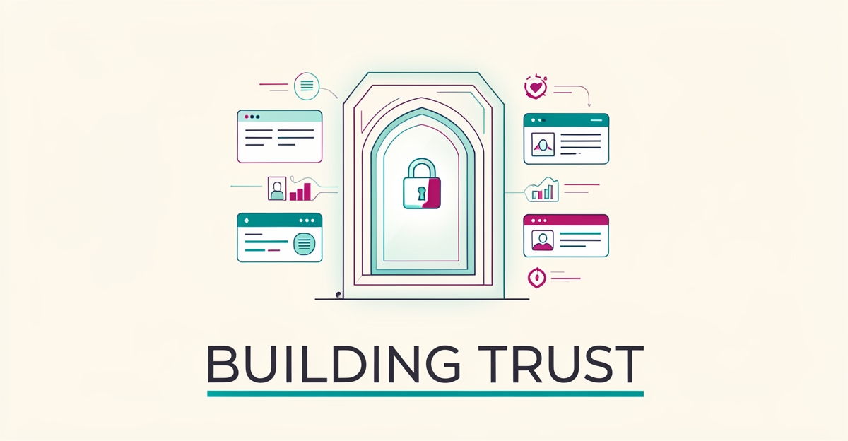 Minimalist flat illustration of a secure personalized digital client portal with teal and magenta accents, symbolizing trust with high-net-worth clients.