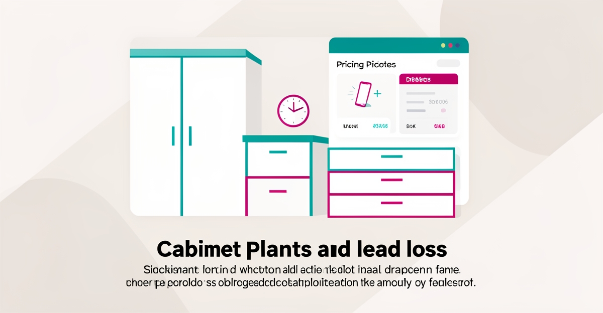 Flat illustration of cabinetry elements and instant pricing dashboard showing how slow replies cause lead loss for cabinet plants.