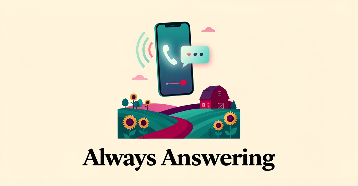 Flat illustration of a smartphone with sound waves above a farm at dusk, accented in teal and magenta with headline Always Answering.