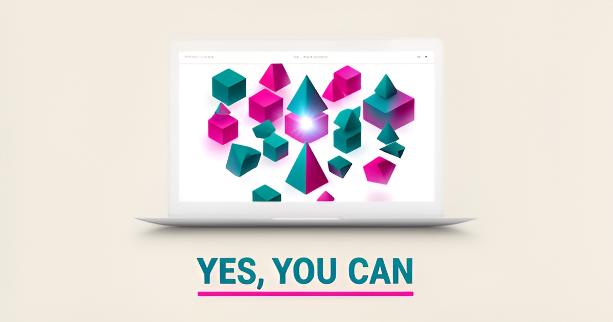 Flat illustration of a laptop assembling a website from floating teal and magenta blocks with the headline 'Yes, You Can'.