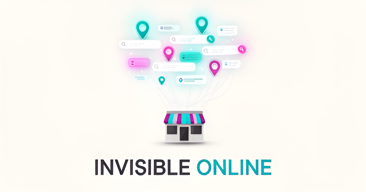 Flat illustration of a shop disconnected from search and map icons, with the headline Invisible Online in the lower third.