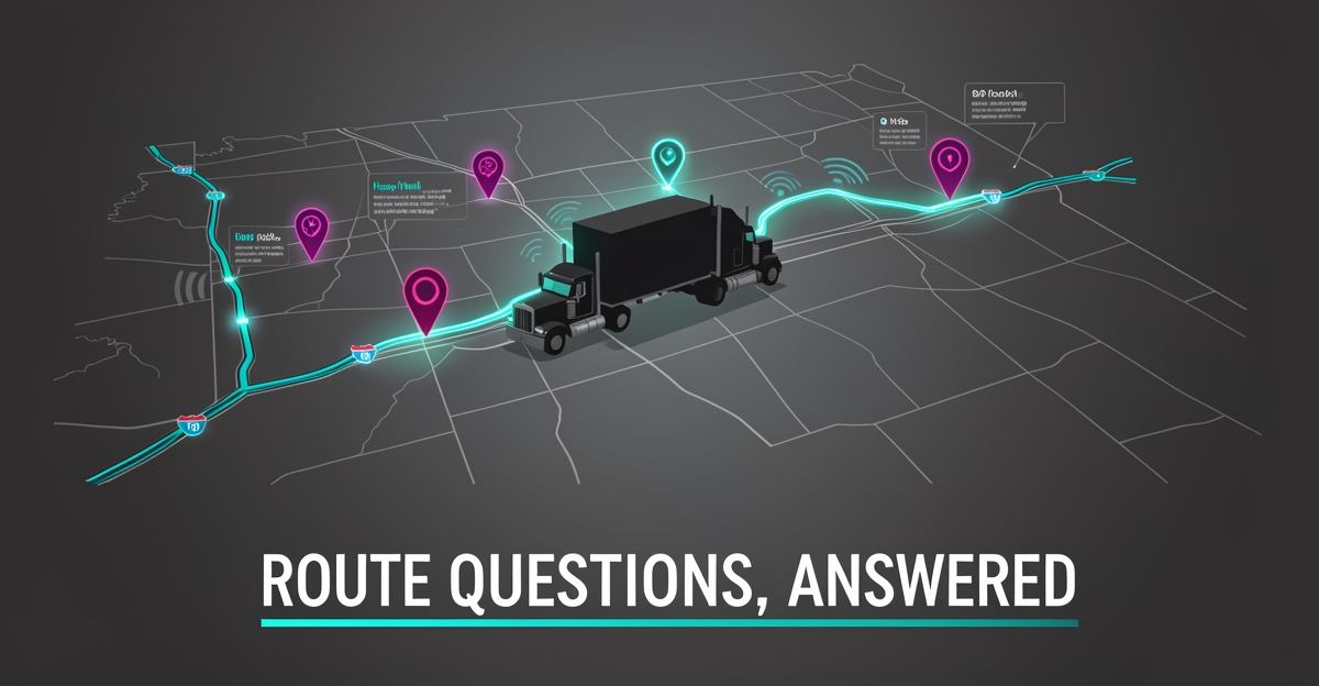 Flat illustration of an AI-guided heavy haul truck route on a digital map with glowing checkpoints in teal and magenta.