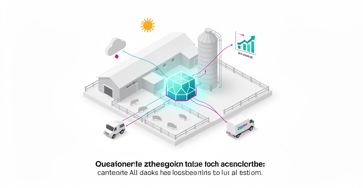 Flat illustration of a hog farm connected to an AI data hub showing feed optimization and profit recovery.