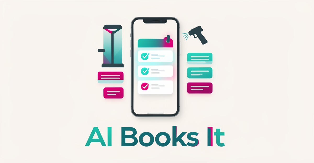 Flat illustration of a smartphone with calendar confirmations and spray tan studio icons, teal and magenta accents, headline reading AI Books It.