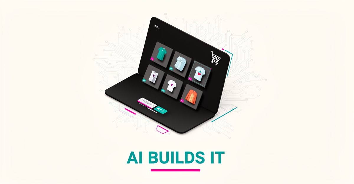 Flat illustration of a laptop displaying an AI-generated e-commerce storefront with cart and payment icons in teal and magenta.