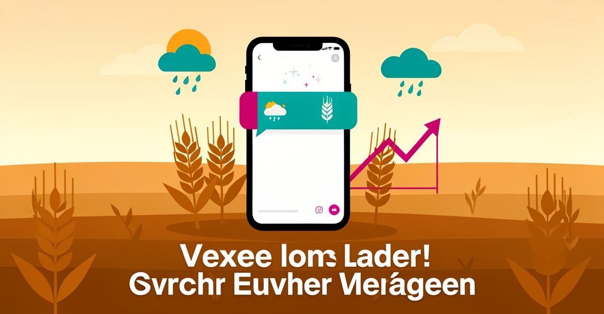 Flat illustration of a smartphone with an AI chat interface standing in a wheat field with weather and harvest icons, teal and magenta accents.