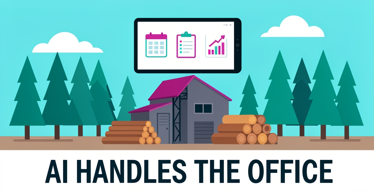 Modern flat illustration of a logging site with AI interface icons floating above, showing AI managing administrative tasks in a small logging business, brand color accents