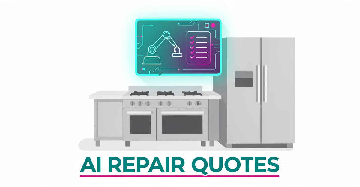 Flat illustration of commercial kitchen equipment with a glowing digital AI interface suggesting automated repair quote generation.