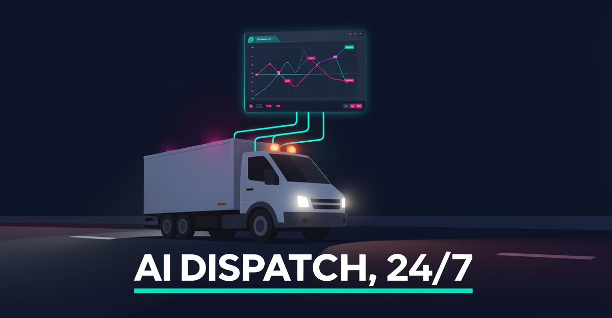 Flat illustration of a fleet truck on a night roadside connected by glowing teal data lines to an AI dispatch console with a 24/7 headline.