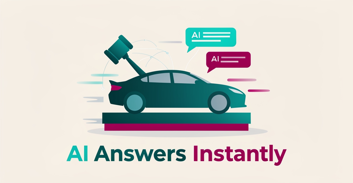 Flat illustration of a car on an auction podium with chat bubbles and data lines, symbolizing AI handling car auction inquiries in Nova Scotia.