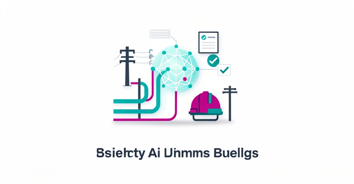 Flat illustration of utility infrastructure connected to an AI neural network with compliance checkmarks and brand accent colors.