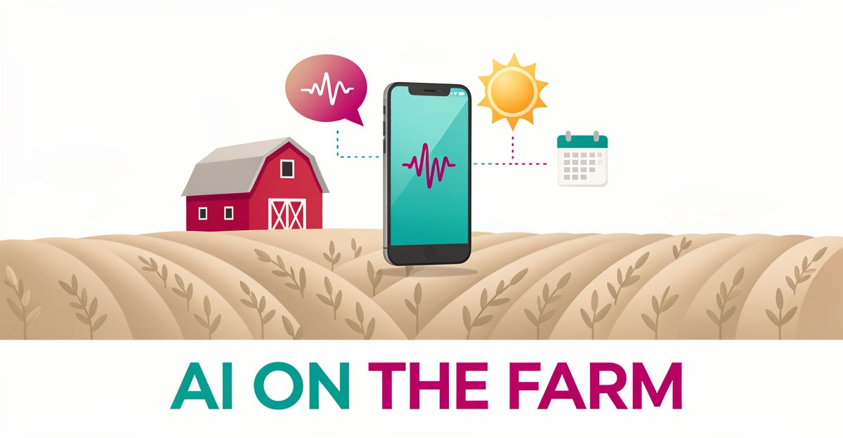 Flat illustration of a smartphone with a voice-call bubble hovering over a barn and crop fields, symbolizing AI handling farm visitor calls.