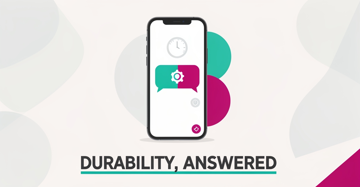 Flat illustration of a smartphone with an AI chat bubble and durability icons in teal and magenta, with the headline Durability, Answered.
