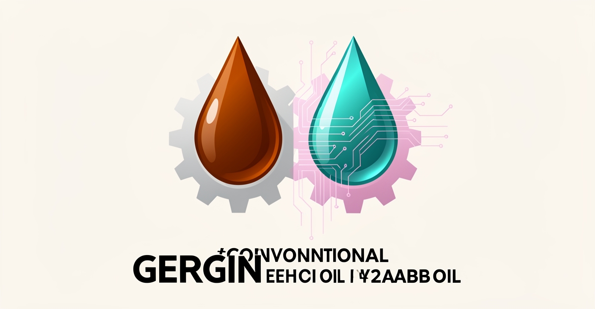 Flat illustration comparing conventional and synthetic oil droplets with digital circuit accents symbolizing AI analysis.