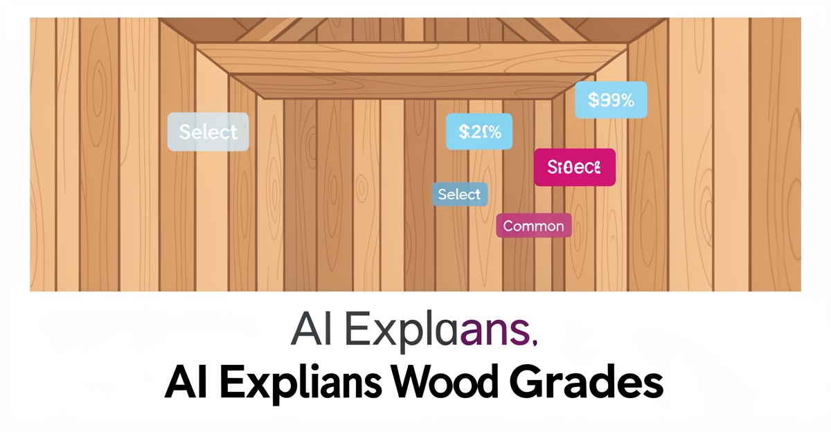 A modern flat illustration of a sawmill with wood planks and digital grade/price overlays, featuring the headline 'AI Explains Wood Grades' in the lower third using brand colors.
