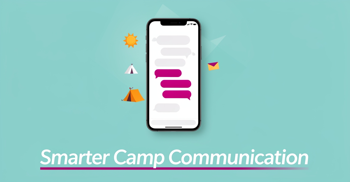Flat illustration of a smartphone with chat bubbles and summer camp icons in teal and magenta, headlined Smarter Camp Communication.