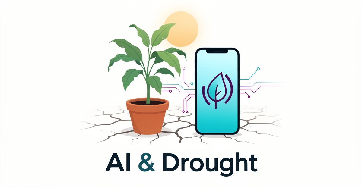 Flat illustration of a smartphone analyzing a wilting plant during drought, with AI circuit accents in teal and magenta.