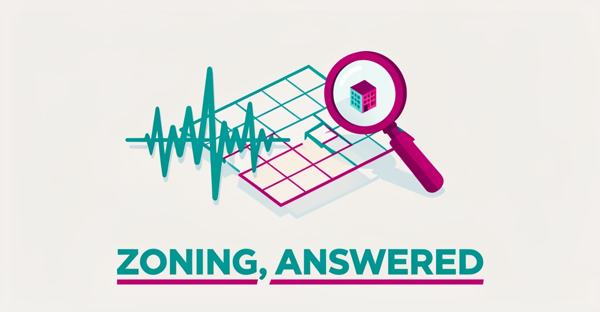 Flat illustration of a voice waveform merging into a zoning map with magnifying glass, teal and magenta accents, headline Zoning, Answered.