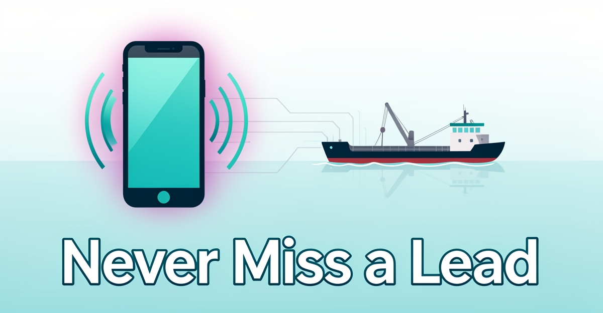 A modern flat illustration shows a smartphone emitting sound waves linked to a dredging barge on water, with the headline 'Never Miss a Lead' in the lower third, using brand colors #2aabb6 and #d946ef as accents.