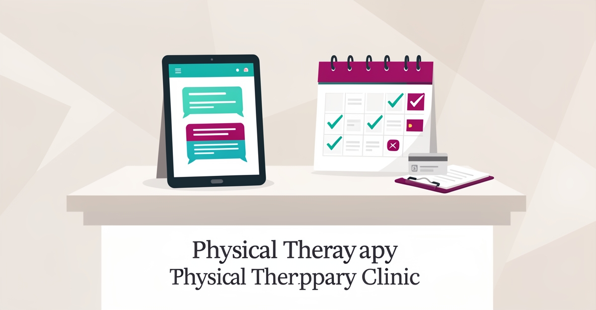 Flat illustration of AI chatbot reducing insurance questions and no-shows for a physical therapy clinic.