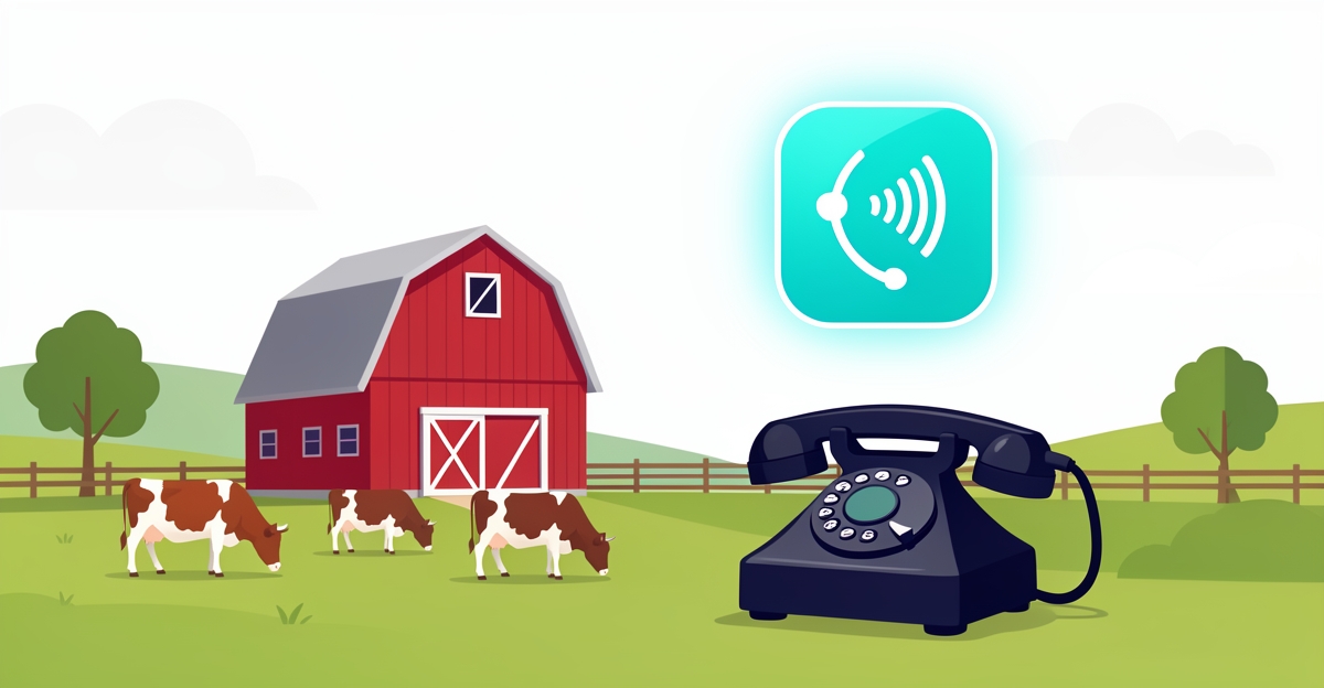 A minimalist flat illustration showing a ranch scene with an AI voice agent handling calls via a vintage telephone, freeing ranchers to focus on herd work.