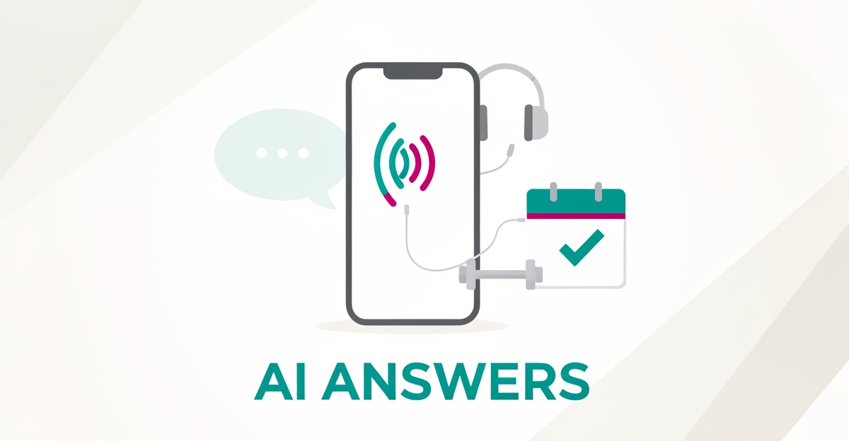 Flat illustration of a smartphone with soundwaves linked to a dumbbell and calendar, representing AI voice assistants booking fitness studio calls.