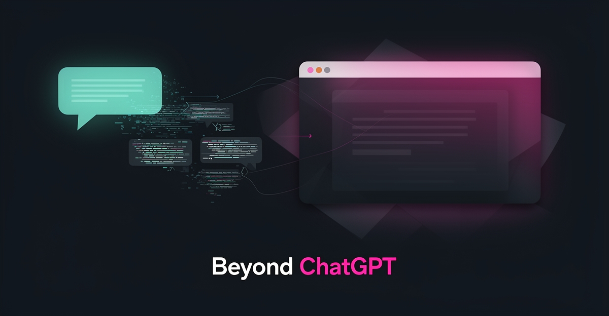Flat illustration contrasting fragmented code from a chat interface with a completed website in a browser window, accented in teal and magenta.