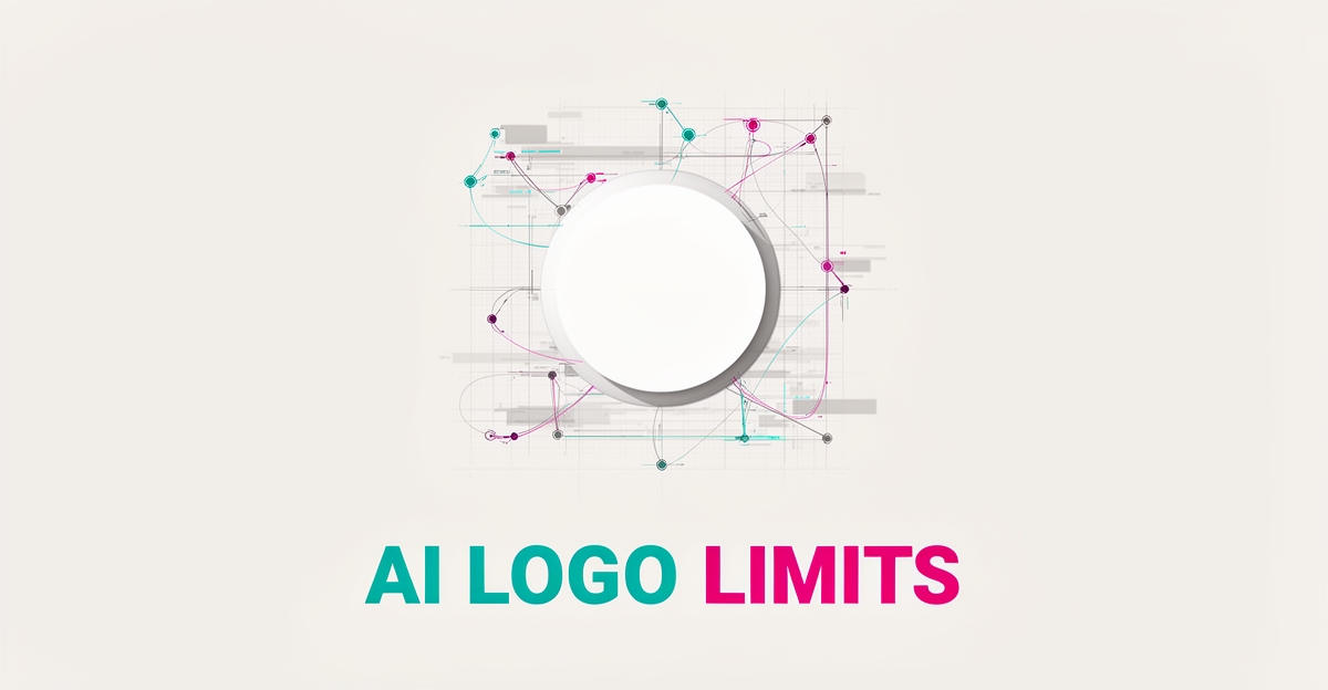 Flat illustration of abstract vector logo shapes and bezier curves with teal and magenta accents, symbolizing AI logo design limitations.