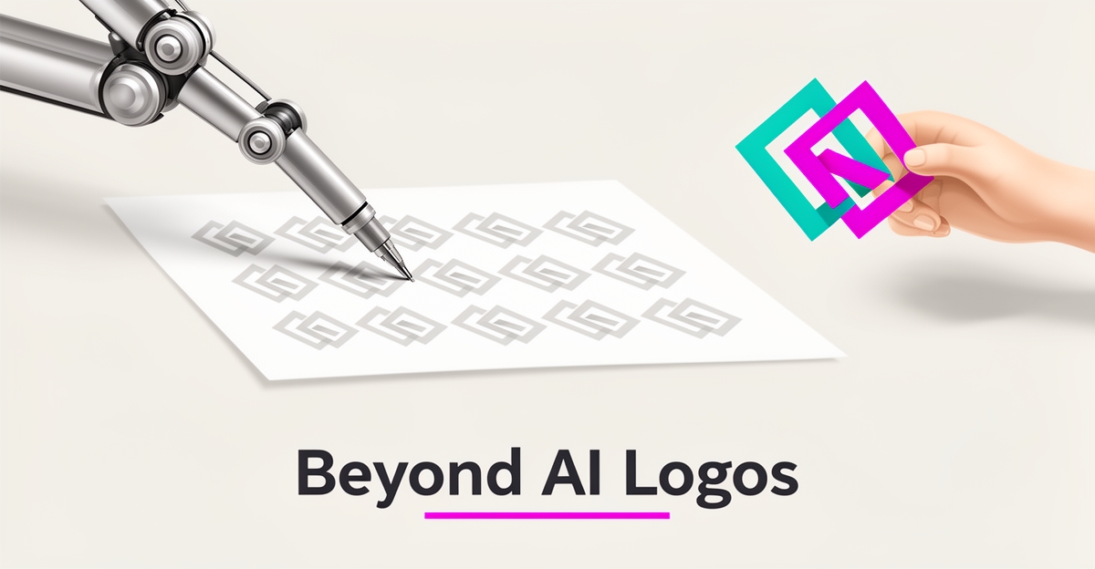 Flat illustration contrasting a robot sketching generic logo shapes with a refined custom emblem in teal and magenta, headlined Beyond AI Logos.