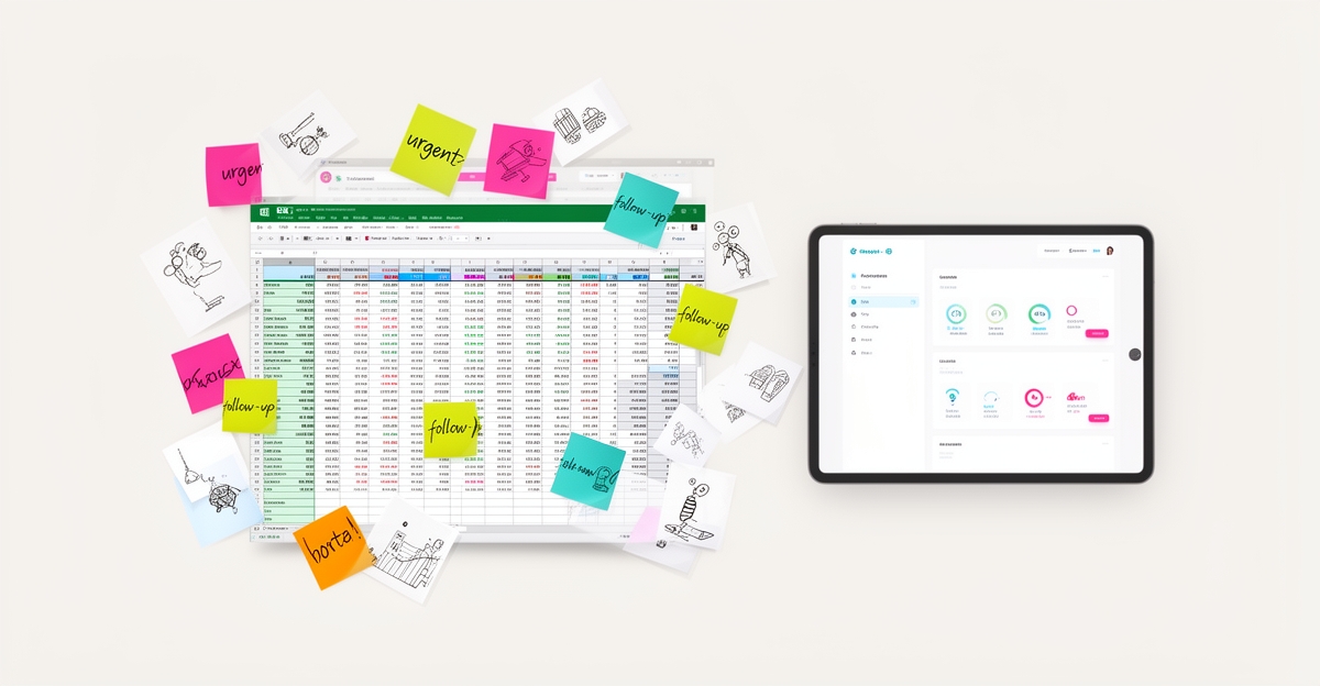 A minimalist flat illustration contrasting a messy Excel spreadsheet with a clean AI CRM interface, using brand colors as accents, symbolizing the inefficiency of spreadsheets versus automated CRM systems