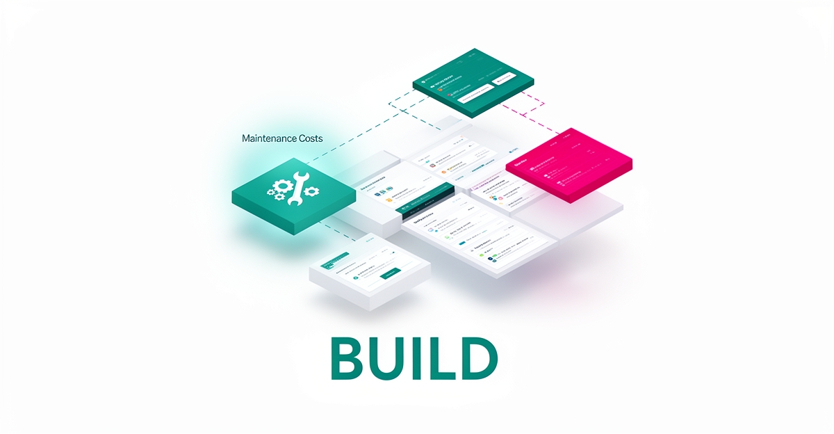 Flat illustration of modular CRM dashboard blocks being assembled, with teal and magenta accents and the headline BUILD.