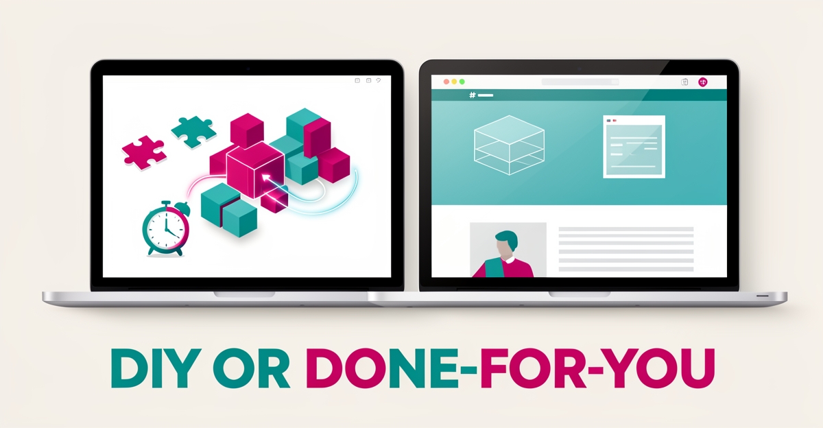 Flat illustration of a laptop assembling a website from floating blocks, contrasting DIY effort with a finished site, accented in teal and magenta.