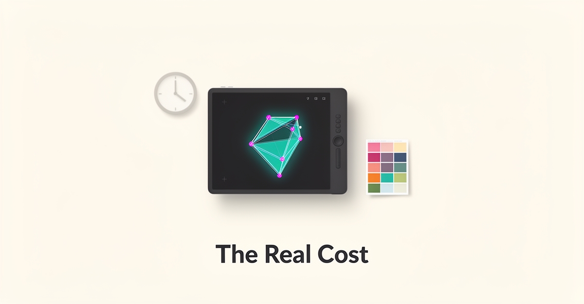 Flat illustration of a vector logo being designed on a pen tablet with teal and magenta accents, headlined 'The Real Cost'.