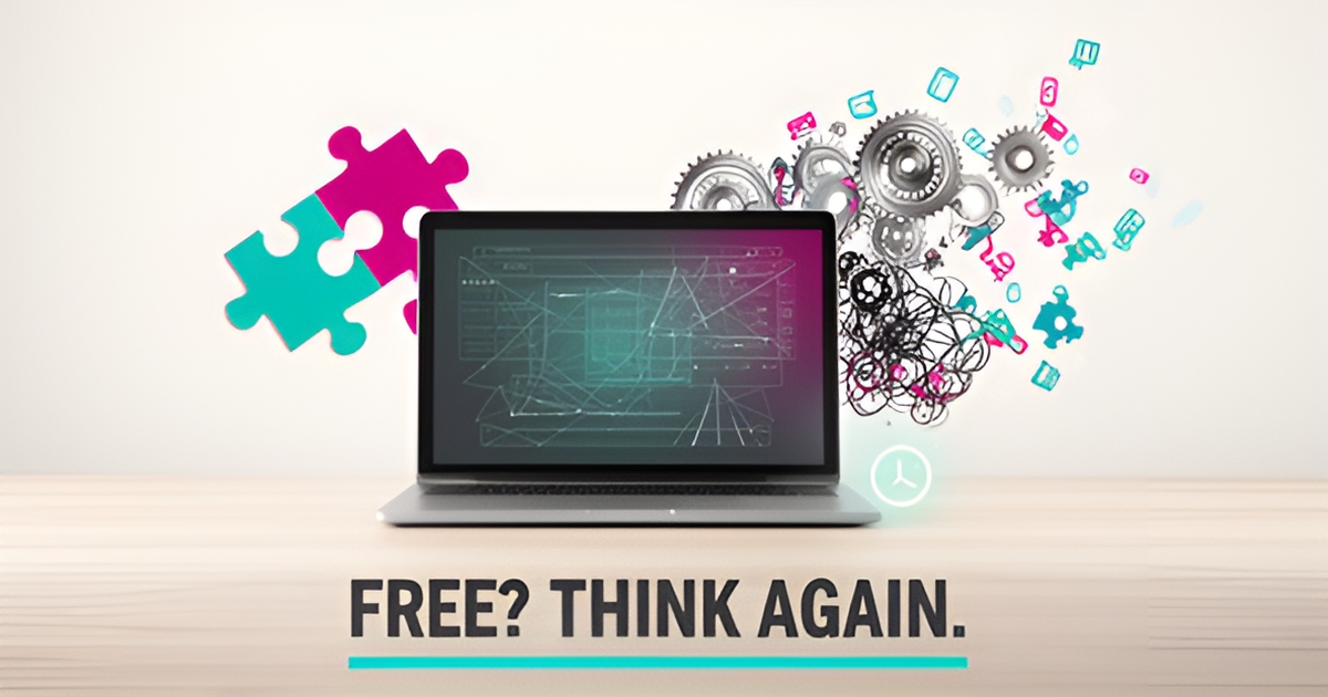 Flat illustration of a laptop with a website wireframe surrounded by tangled plugins and gears, accented in teal and magenta, with the headline Free? Think Again.