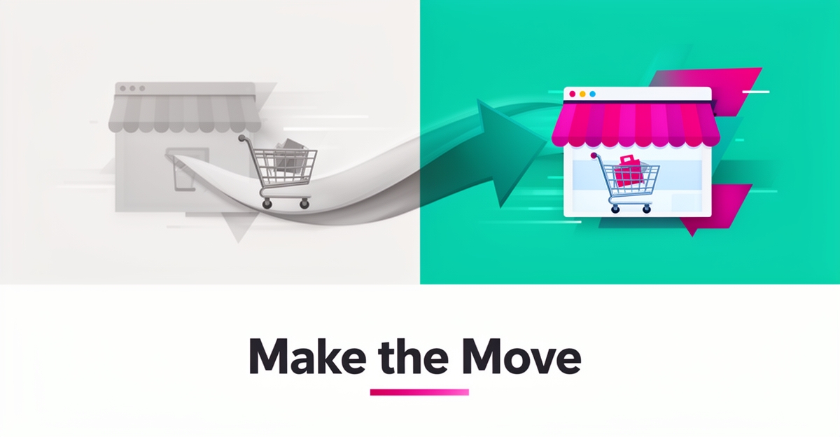Flat illustration of a storefront migrating from a gray old platform to a vibrant teal new platform with 'Make the Move' headline.