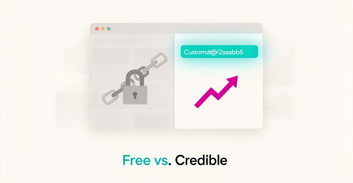 Flat illustration contrasting a restricted free website with a polished custom-domain site, accented in teal and magenta.