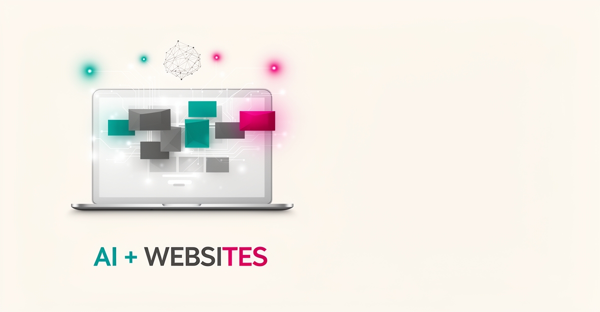 Flat illustration of a laptop with an AI-assembled website wireframe in teal and magenta, headlined AI + Websites.