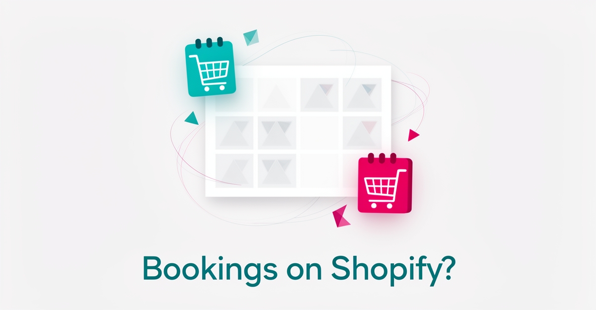 Flat illustration of a calendar and shopping cart connected, symbolizing booking functionality within an e-commerce platform, accented in teal and magenta.