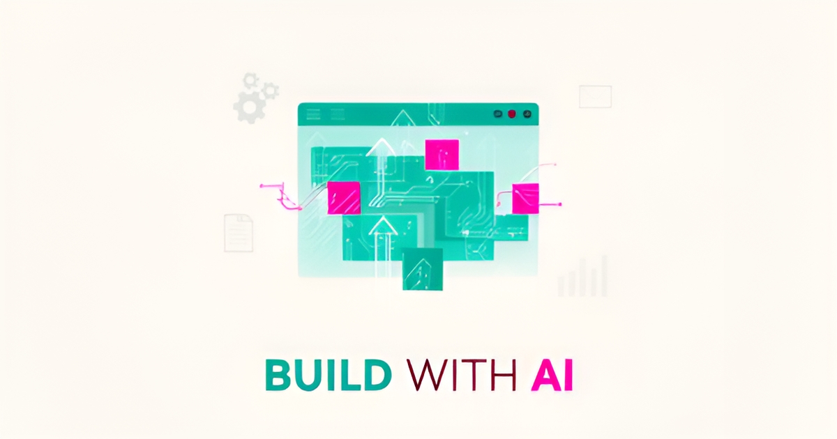 Flat illustration of a website assembling itself from geometric blocks with AI automation icons, accented in teal and magenta.