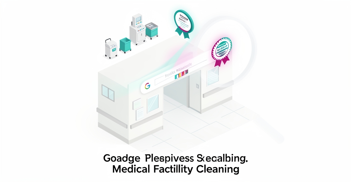 Flat illustration of a sterile medical facility with search and certification icons showing how to capture leads without a sales team.