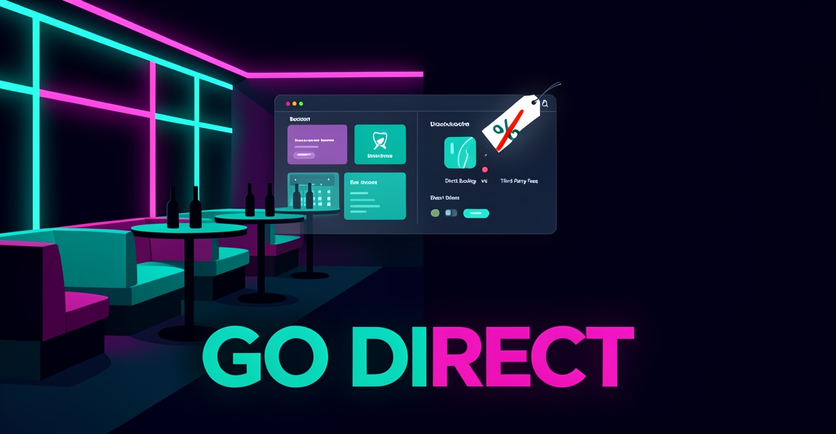 Minimalist flat illustration of a neon-lit nightclub VIP booth with a booking dashboard, highlighting direct booking savings.
