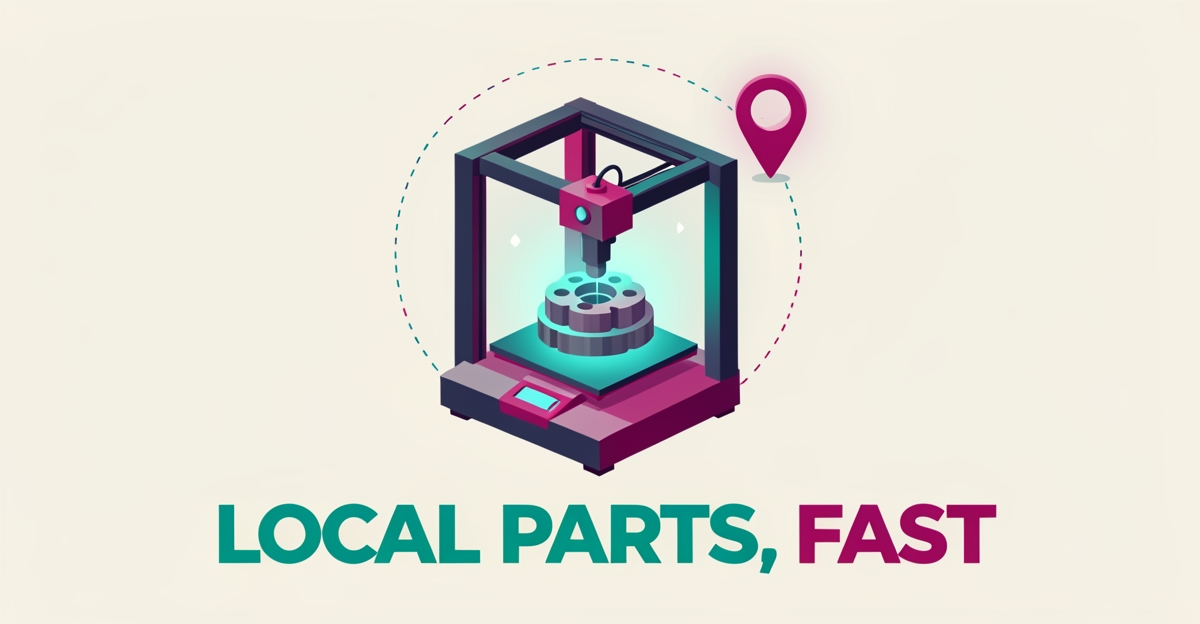 Flat illustration of a 3D printer making a precision part beside a location pin and service radius map, symbolizing choosing a local 3D printing bureau.