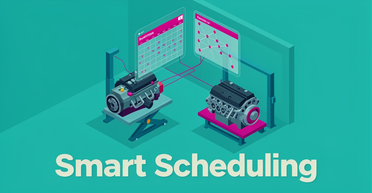 Abstract illustration of an auto repair shop with a digital booking system overlay, highlighting efficient scheduling for complex repairs.